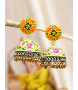 SwaDev Indian Designer Yellow Handpainted Meenakari Jhumka Earring SDJJE0004